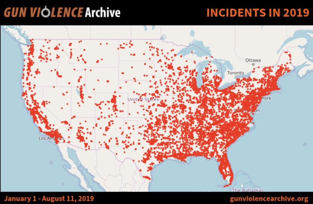 Map of gun violence incidents in the US in 2019